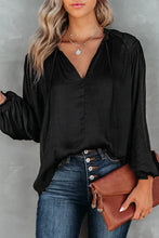 Load image into Gallery viewer, Black Pleated Balloon Sleeve Drawstring V-Neck Blouse
