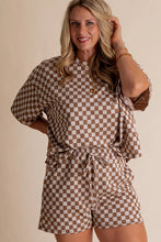 Load image into Gallery viewer, Online Brown Plus Size Checkerboard Print Side Slim Tee Shorts Set
