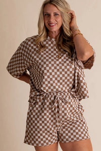 Online Brown Plus Size Checkerboard Print Side Slim Tee Shorts Set