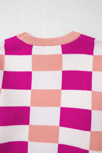 Online Pink Checkered Ribbed Edge O Neck Drop Shoulder Sweater