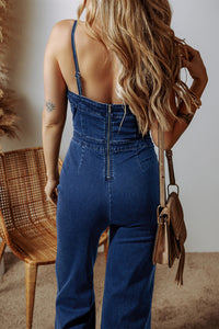 Online Sail Blue Seamed Zipper Spaghetti Strap High Waist Flared Jumpsuit