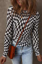 Load image into Gallery viewer, Online Khaki Checkered Pattern Mesh Mock Neck Long Sleeve Top
