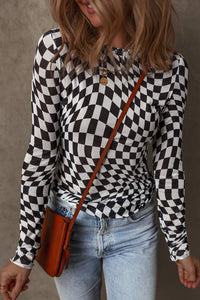 Online Khaki Checkered Pattern Mesh Mock Neck Long Sleeve Top