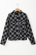 Load image into Gallery viewer, Online Black Checkered Patchwork Button up Denim Jacket
