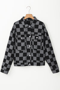 Online Black Checkered Patchwork Button up Denim Jacket