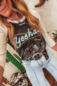 Online Brown Western Yeehaw Graphic Vintage Raglan Long Sleeve Top