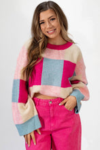 Load image into Gallery viewer, Online Rose Red Color Block Drop Shoulder Crewneck Loose Fit Sweater
