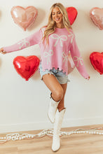 Load image into Gallery viewer, Online Pearl Beaded Bowknot Pattern Distressed Split Hem Sweater
