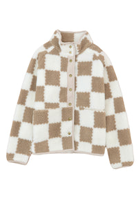 Online Lapis Checked Snap Button Sherpa Jacket