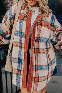 Online Brown Stripe Plus Size Plaid Print Collared Buttoned Jacket