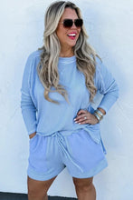 Load image into Gallery viewer, Online Light Blue Plus Size Ribbed Long Sleeve Top and Drawstring Shorts Set
