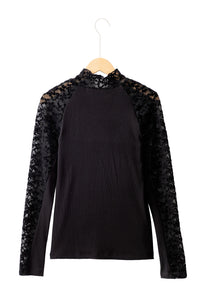 Online Black Floral Lace Patchwork Long Sleeve High Neck Slim Top