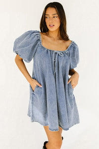 Online Myosotis Bubble Sleeve Square Neck Denim Babydoll Dress