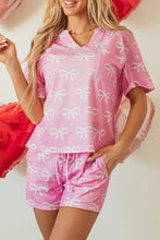 Load image into Gallery viewer, Online Pink Waffle Knit Bowknot Printed V Neck T Shirt and Shorts Set
