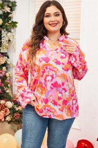 Online Pink Plus Size Abstract Floral Print V Neck Blouse