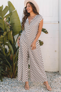 Online Khaki Checkered Print Buttoned Crew Neck Wide Leg Jumpsuit