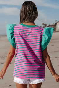 Online Pink Stripe Colorblock Ruffled Sleeve Crew Neck Blouse