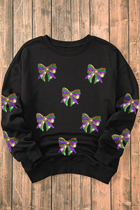 Online Black Sequin Mardi Gras Bow Graphic Drop Shoulder Pullover Sweatshirt