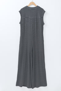 Online Black white Striped Print Buttoned Wide Leg Sleeveless Jumpsuit