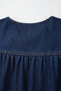 Online Sail Blue Puff Sleeve Lace-up Neckline Splicing Denim Blouse