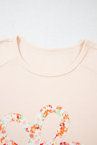 Online Beige Plus Size Flower Patched Side Slits Crewneck Top