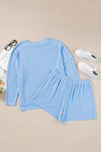 Load image into Gallery viewer, Online Light Blue Plus Size Ribbed Long Sleeve Top and Drawstring Shorts Set
