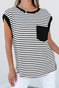 Online Black Stripe Chest Pocket Patch Round Neck Tank Top