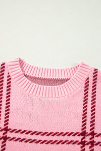 Online Pink Plaid Pattern Knitted Drop Shoulder Sweater