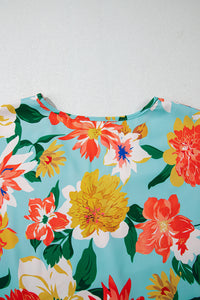 Online Sky Blue Plus Size Floral Print V Neck Batwing Sleeve Blouse