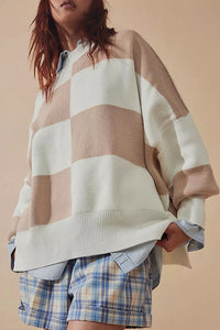 Online Green Checkered Side Slits Drop Shoulder Oversized Sweater