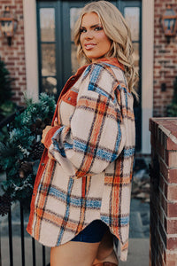 Online Brown Stripe Plus Size Plaid Print Collared Buttoned Jacket