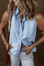 Load image into Gallery viewer, Online Light Blue Denim Collared Sleeveless Shirt
