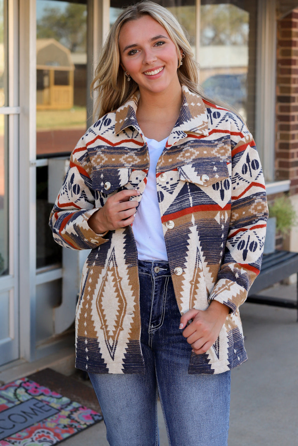 Online Multicolor Aztec Print Button-Up Oversized Jacket