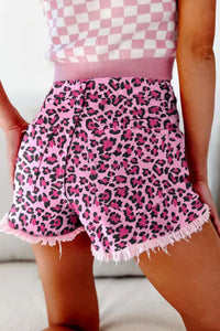 Pink Leopard Print Ripped Denim Shorts