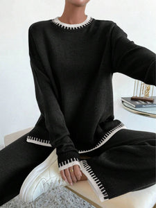 Online Side Slit Contrast Trim Round Neck Top and Pants Sweater Set