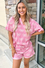 Load image into Gallery viewer, Online Pink Waffle Knit Bowknot Printed V Neck T Shirt and Shorts Set
