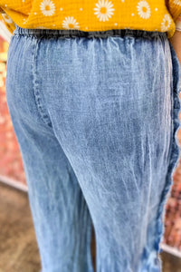 Online Blue Plus Size Lace up Waist Ruffled Trim Ankle Length Jeans
