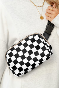 Online White Checkered Print Buckle Wide Belt Crossbody Bag