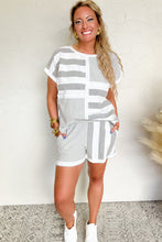 Load image into Gallery viewer, Online Gray Stripe Mixed Print Short Sleeve Top and Pocketed Shorts Set
