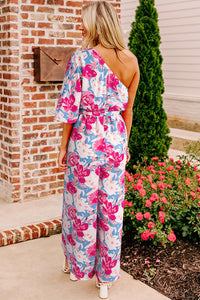 Online Pink Floral Print Asymmetrical Neckline Single Shoulder Drape Sleeve Belted Jumpsuit