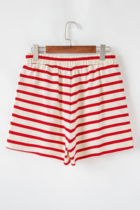 Online Red Stripe Lace-up Front Top and High Waist Shorts Set
