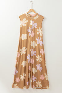 Online Khaki Floral Print Sleeveless Button up Wide Leg Loose Jumpsuit