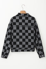 Load image into Gallery viewer, Online Black Checkered Patchwork Button up Denim Jacket
