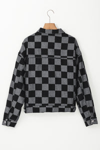 Online Black Checkered Patchwork Button up Denim Jacket