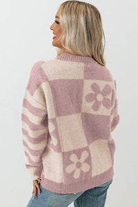 Online Orchid Petal Checkered Floral Print Striped Sleeve Sweater