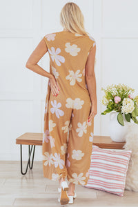 Online Khaki Floral Print Sleeveless Button up Wide Leg Loose Jumpsuit