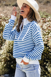 Online Pink Stripe Zip up Collar Drop Shoulder Sweater