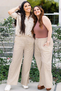 Online Khaki Stripe Plus Size Drawstring High Waist Wide Leg Pants
