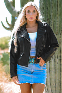 Online Black PU Leather Lapel Collar Zipper Jacket