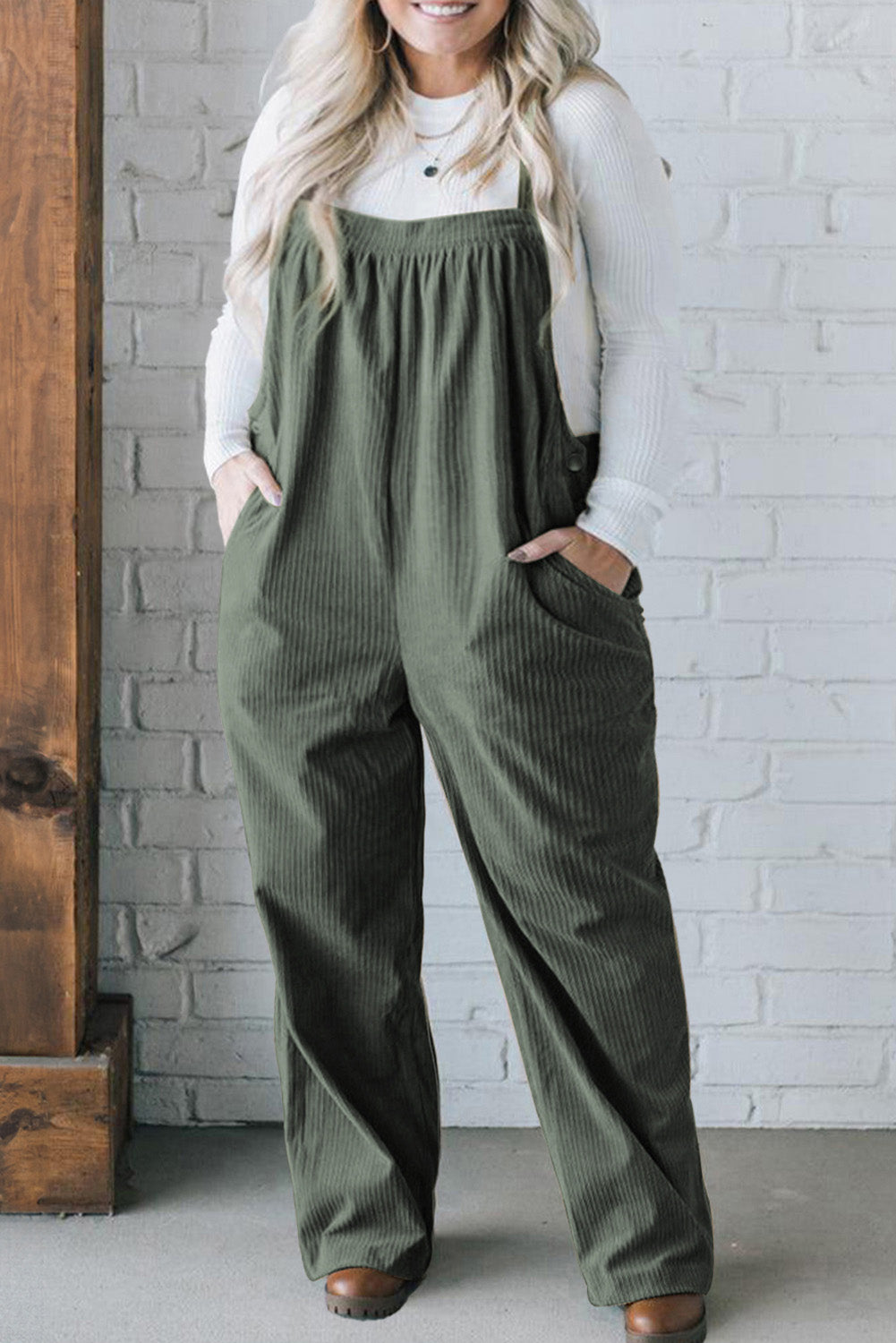 Online Jungle Green Plus Size Corduroy Pocketed Wide Leg Overall